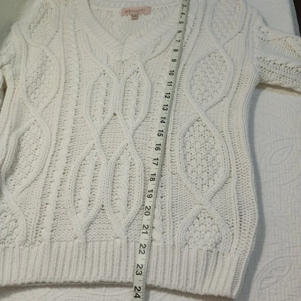 Philosophy Sweater Size S White Cable Knit V-Neck 61% Cotton Blend Womens - Picture 9 of 10